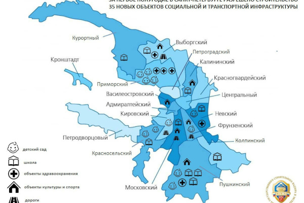 За первое полугодие 2021 года в Санкт‑Петербурге разрешено строительство 35 новых объектов социальной и транспортной инфраструктуры